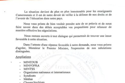 Grève imminente des enseignants au Cameroun – le Synecam dépose un préavis de grève